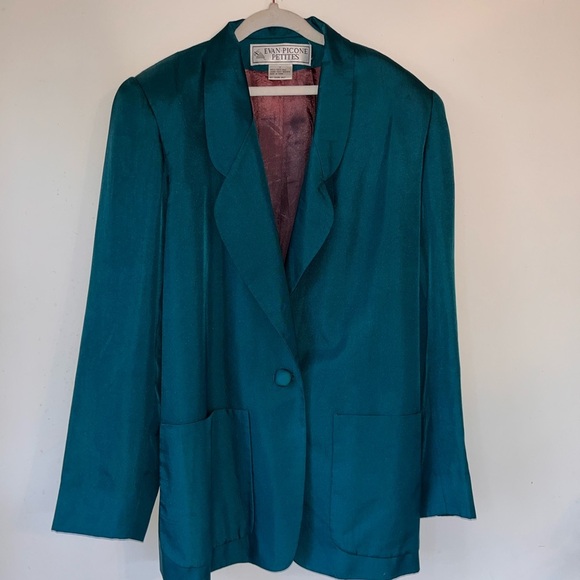 Vintage Evan Picone Silk Emerald Blazer  Lined Front Button Single Breasted - Picture 7 of 9